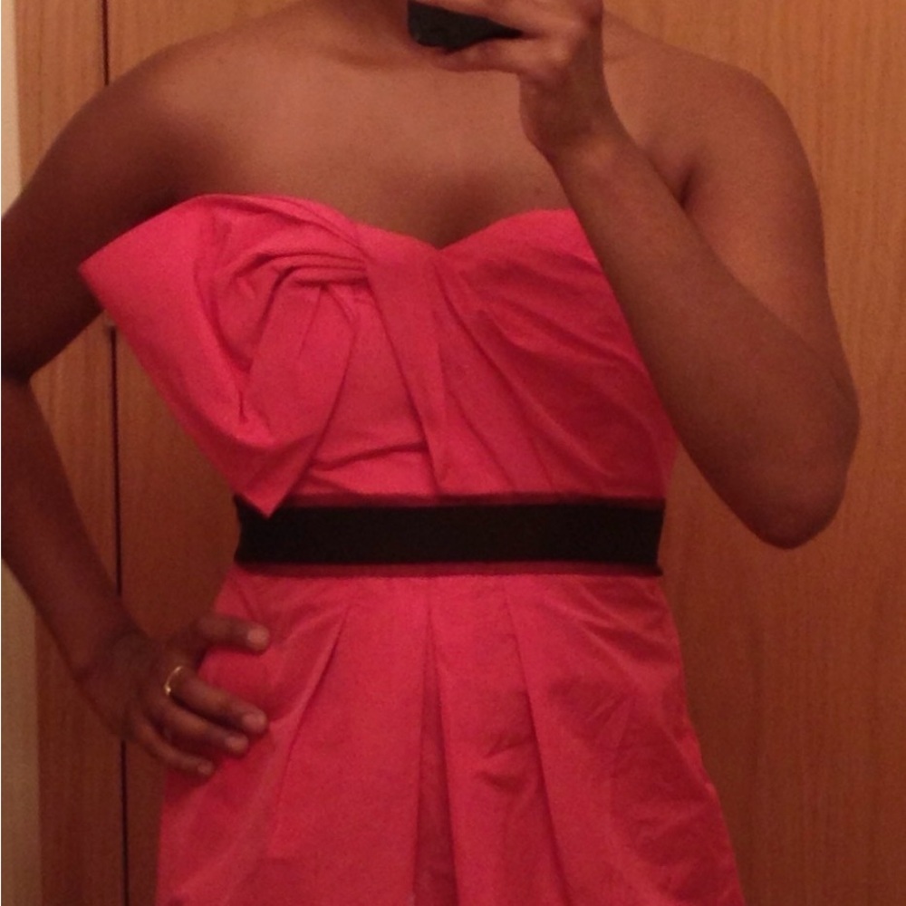 BCBGMaxAzria Neon Pink Strapless Dress with Black Tulle Waist Accent Detail